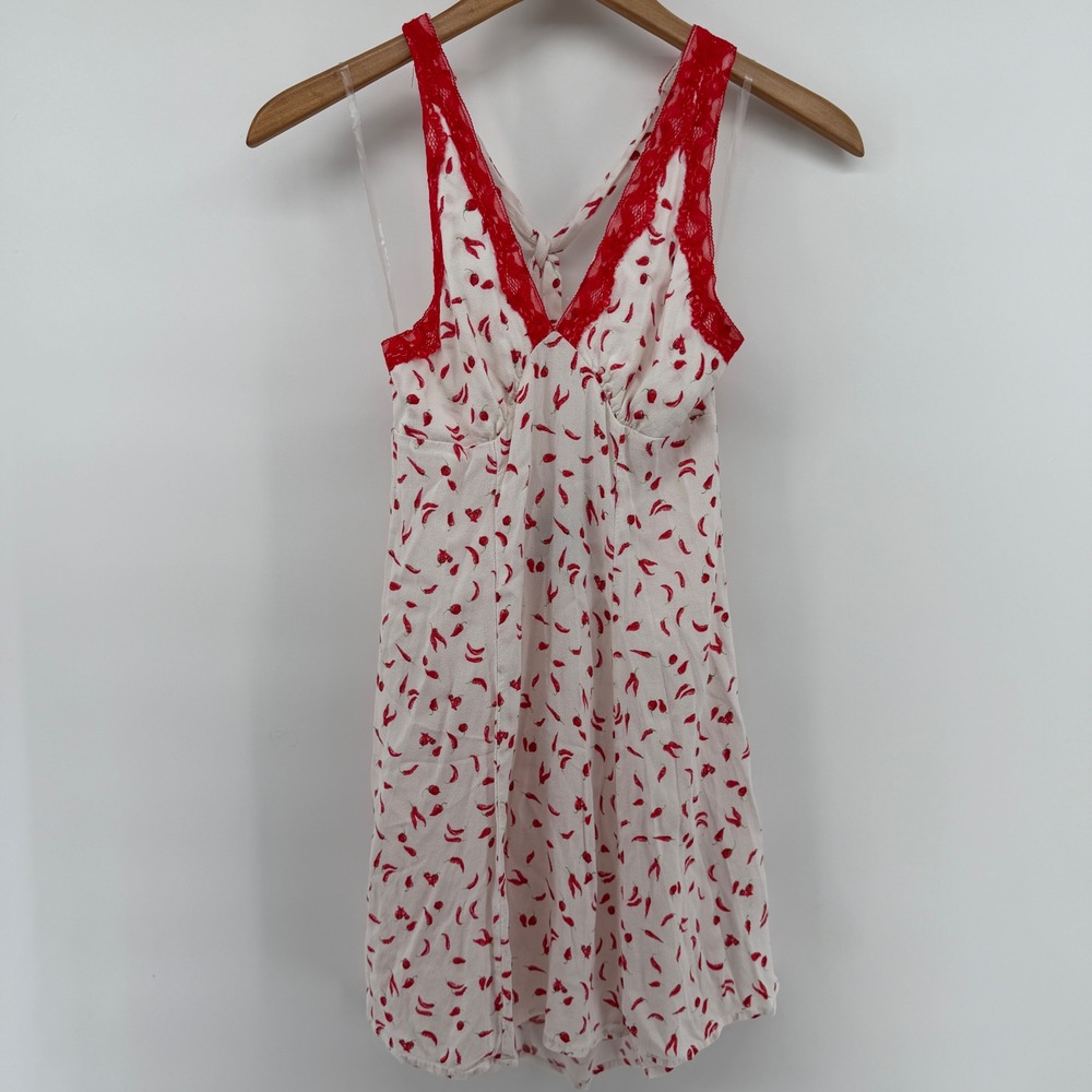Wild Fable Chili Pepper Print Mini Dress Red Lace Trim Tie Back White Small